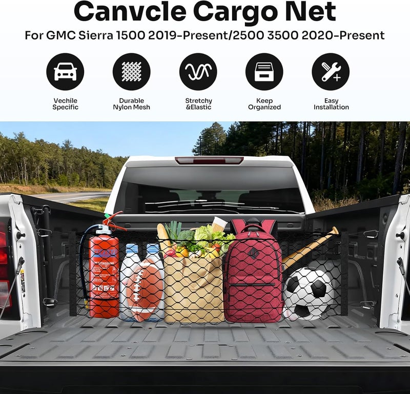 Canvcle شبكة حمولة سرير الشاحنة لسيارات 2019-2025 2026 GMC Sierra 1500/2020-2026 Chevy Silverado 2500 3500 ملحقات شبكة تنظيم وحفظ الأمتعة القابلة للتمدد من النايلون - Image 2